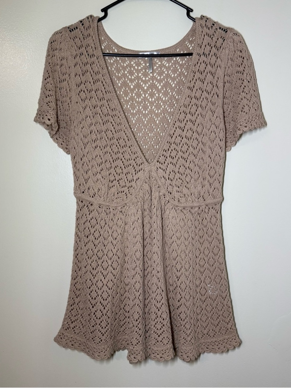 Metro 7 Beige Crochet Boho Short Sleeve V-Neck Blouse